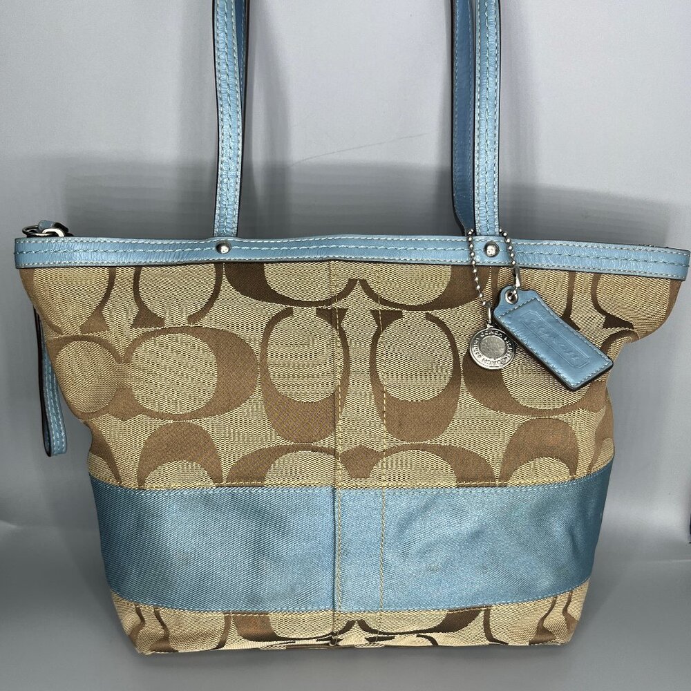 COACH KHAKI BLUE SIGNATURE STRIPE TOTE G0969-F13548 W/ BLUE LEATHER & SILVERTONE